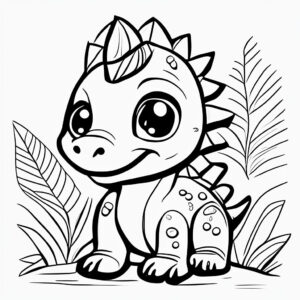 Cute baby dino explores lush grass coloring page