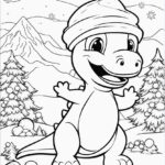 Dinosaur in beanie plays in snow