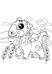 Dinosaur curiosity in majestic mountain landscape coloring page