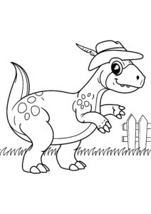 Dinosaur in hat, garden escape coloring page