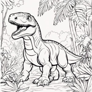 Dinosaur roars through primeval jungle coloring page