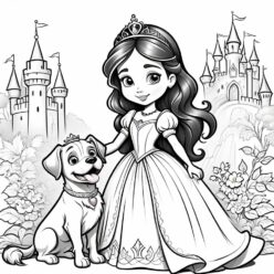 Disney princess with dog at castle coloring page