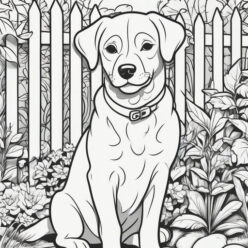 Dog relaxing in garden coloring page Dog relaxing in lush garden