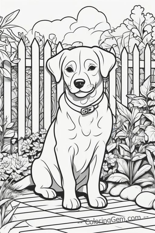 Dog relaxing in garden coloring page