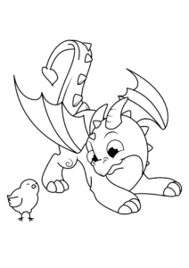 Dragon’s gentle touch: chick’s delight coloring page