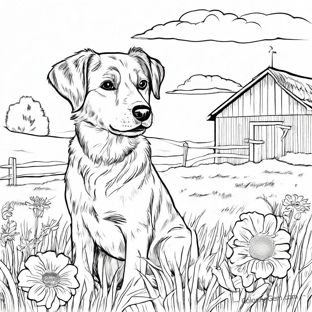 Farm dog, barnyard life coloring page