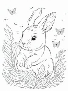 Fluffy bunny hides in green grass coloring page coloring page