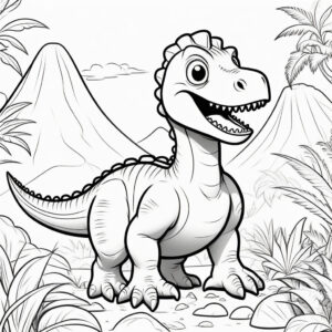 Friendly dino roams lush prehistoric landscape coloring page