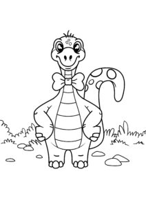 Gentle dinosaur with bow tie and butterfly coloring page