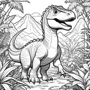 Giant dinosaur roams ancient forest coloring page