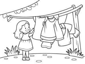 Girl helps parents hang laundry outdoors coloring page