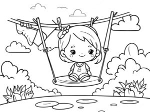 Girl’s laughter echoes on garden swing coloring page