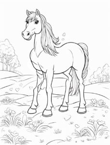 Golden sunset: horse in tranquil meadow coloring page