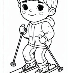 Happy boy skiing coloring page