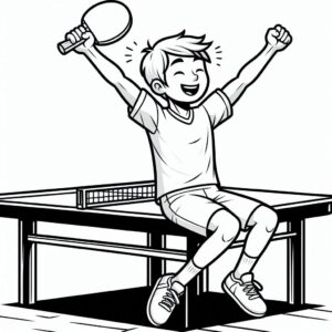 Happy boy cheers in table tennis coloring page coloring page