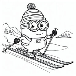 Happy minion skiing coloring page