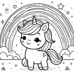 Happy unicorn under rainbow coloring page