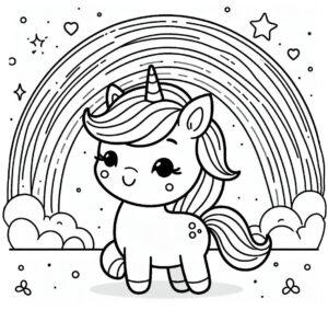 Happy unicorn under rainbow coloring page coloring page