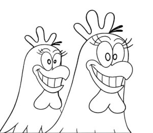 Happy chickens share a laugh coloring page