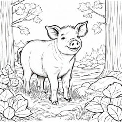 Happy pig in woodland coloring page Happy pig in lush woodland habitat