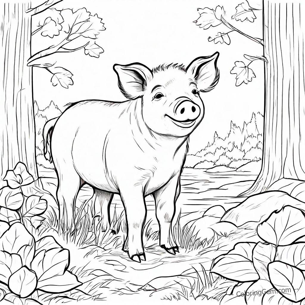 Happy pig in woodland coloring page