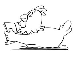 Hen reads while nesting: maternal devotion coloring page