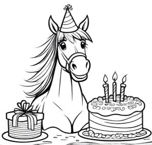 Horse birthday party: festive hat & cake coloring page