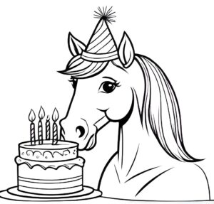 Horse blows out birthday candle on cake coloring page