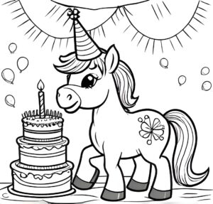 Horse blows out birthday candles coloring page