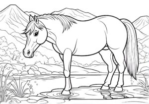 Horse drinks, mountains reflect in lake coloring page