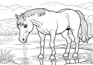 Horse drinks, reflection dances, mountains loom coloring page