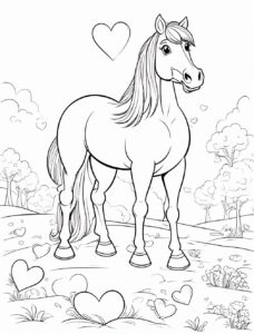 Horse in field of hearts: love & tranquility coloring page