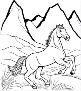 Horse grazing in majestic meadow coloring page