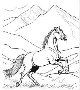 Majestic horse races against mountain peaks coloring page