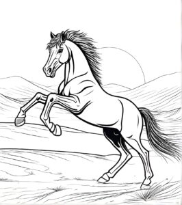 Horse silhouette against fiery sunset coloring page