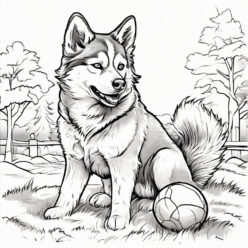 Husky plays with ball coloring page Husky plays with ball in open air