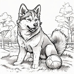 Husky plays with ball coloring page coloring page