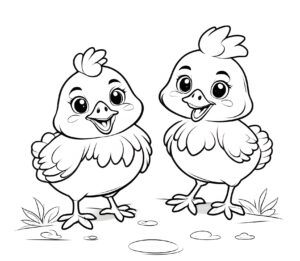 Joyful chicks frolic in vibrant garden coloring page