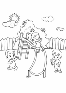 Kids play, sun shines, lollipop in hand coloring page