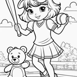 Little girl’s baseball joy with teddy bear Little girl's baseball joy with teddy bear