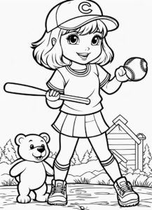 Little girl’s baseball joy with teddy bear coloring page