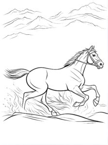 Majestic horse races through mountain landscape coloring page