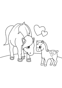 Mother horse whispers love to foal coloring page