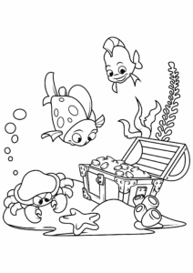 Ocean treasure chest: fish & hermit crab coloring page