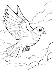 Pigeon soaring through fluffy clouds coloring page