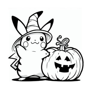 Pikachu witch holds glowing jack-o’-lantern coloring page