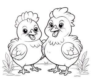 Playful chicks find food in garden coloring page