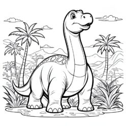 Prehistoric landscape, brontosaurus dinosaur coloring page