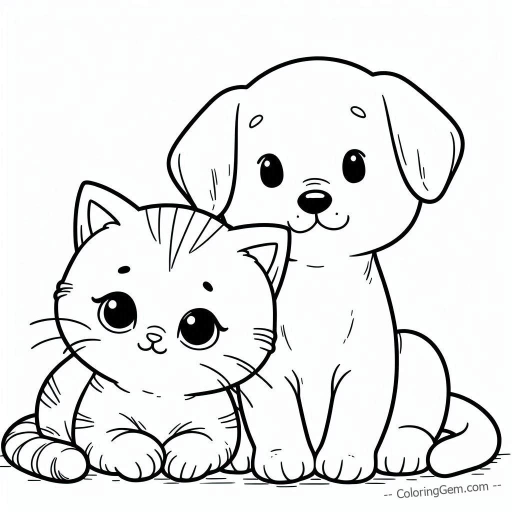 Puppy and kitten adorable friends coloring page