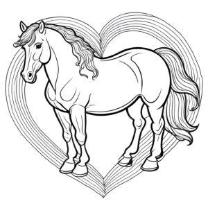 Rainbow heart over majestic horse coloring page